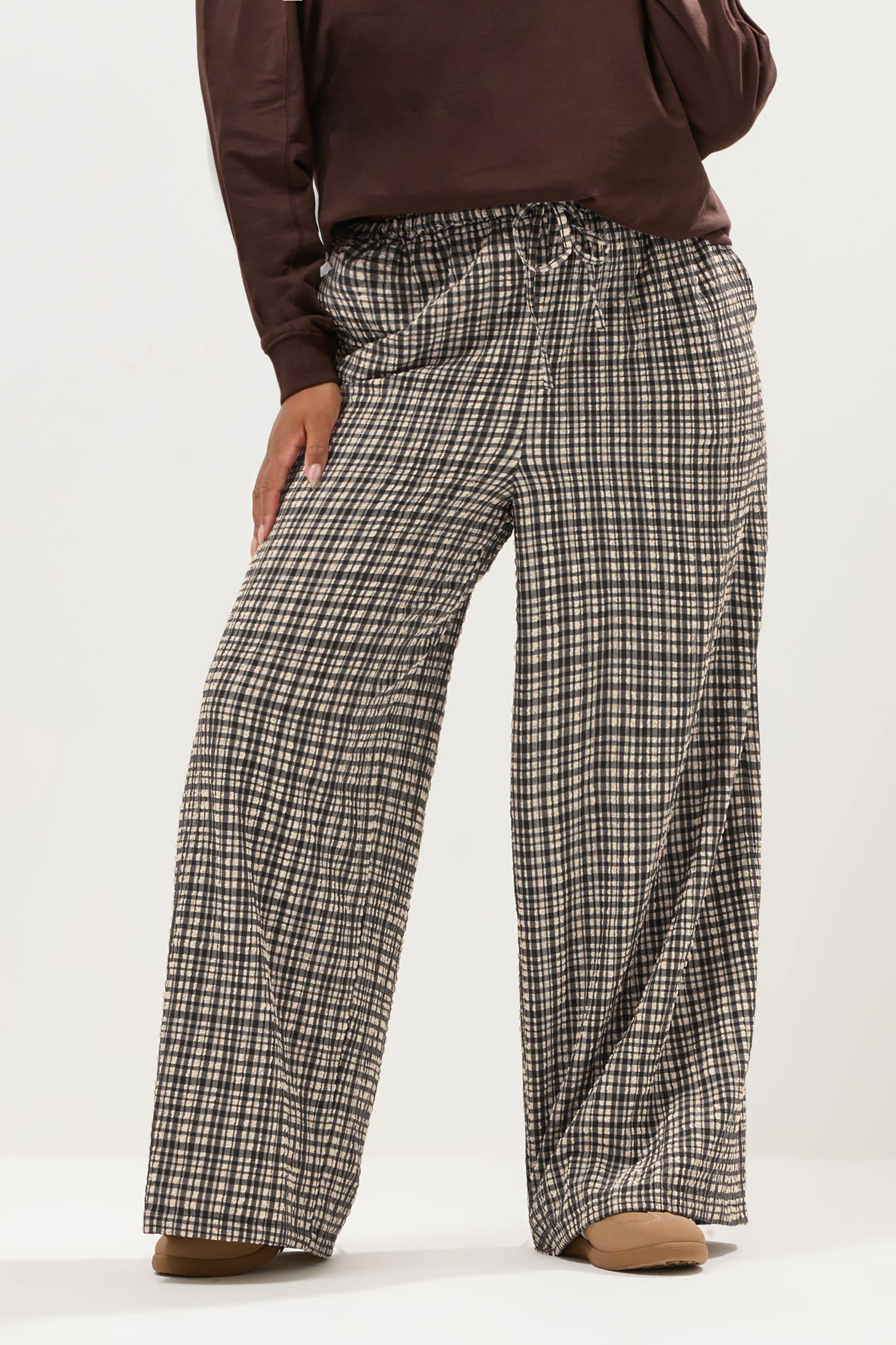 Yours Plus Size Natural Brown Gingham Wide Leg Texture Trousers