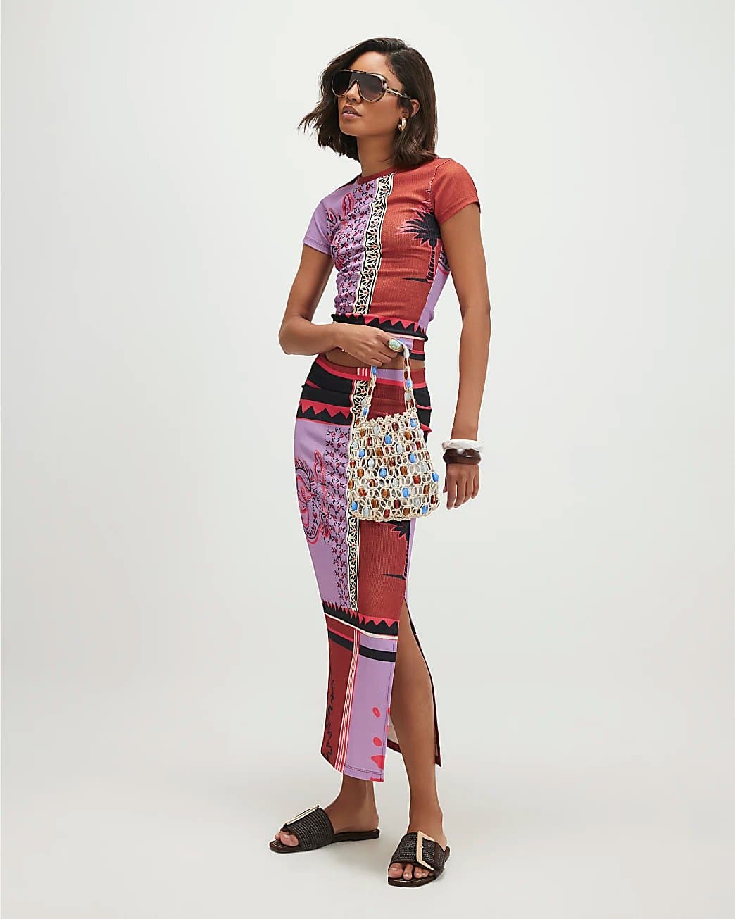 River Island River Island Womens Orange Patchwork Textured Midi Skirt