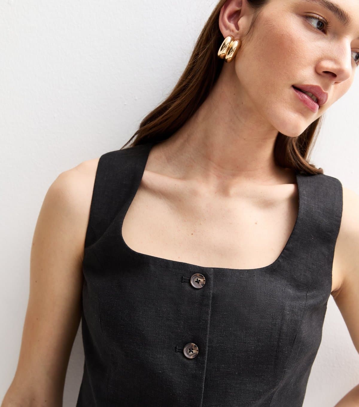 New Look Women's Black Linen Blend Square Neck Waistcoat New Look