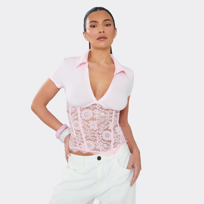 EGO Short Sleeve Lace Corset Waist Top In Pink, Women's Size UK M/L - 1