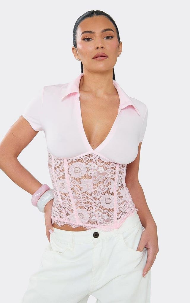 EGO Short Sleeve Lace Corset Waist Top In Pink, Women's Size UK M/L - 2