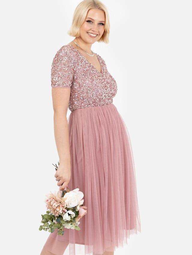 Maya Deluxe Maya Deluxe Women's Short Sleeve V Neck Embellished Midi Dress in Dusty Pink - 2