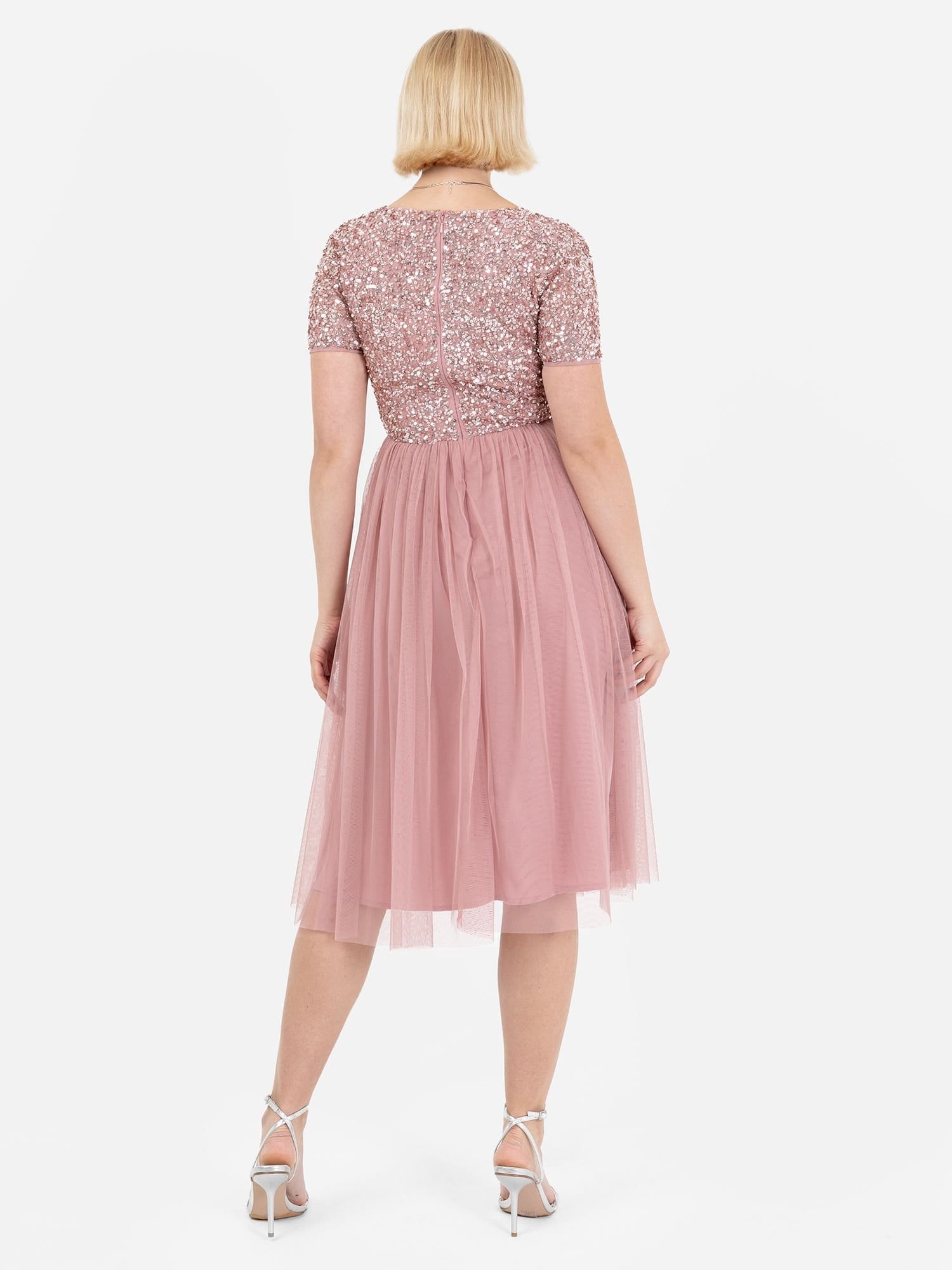 Maya Deluxe Maya Deluxe Women's Short Sleeve V Neck Embellished Midi Dress in Dusty Pink - 4