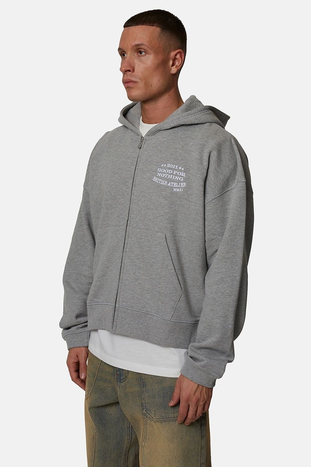 Good For Nothing Good For Nothing Men's Boxy Zip Hoodie with Embroidered Logo in Grey - 1