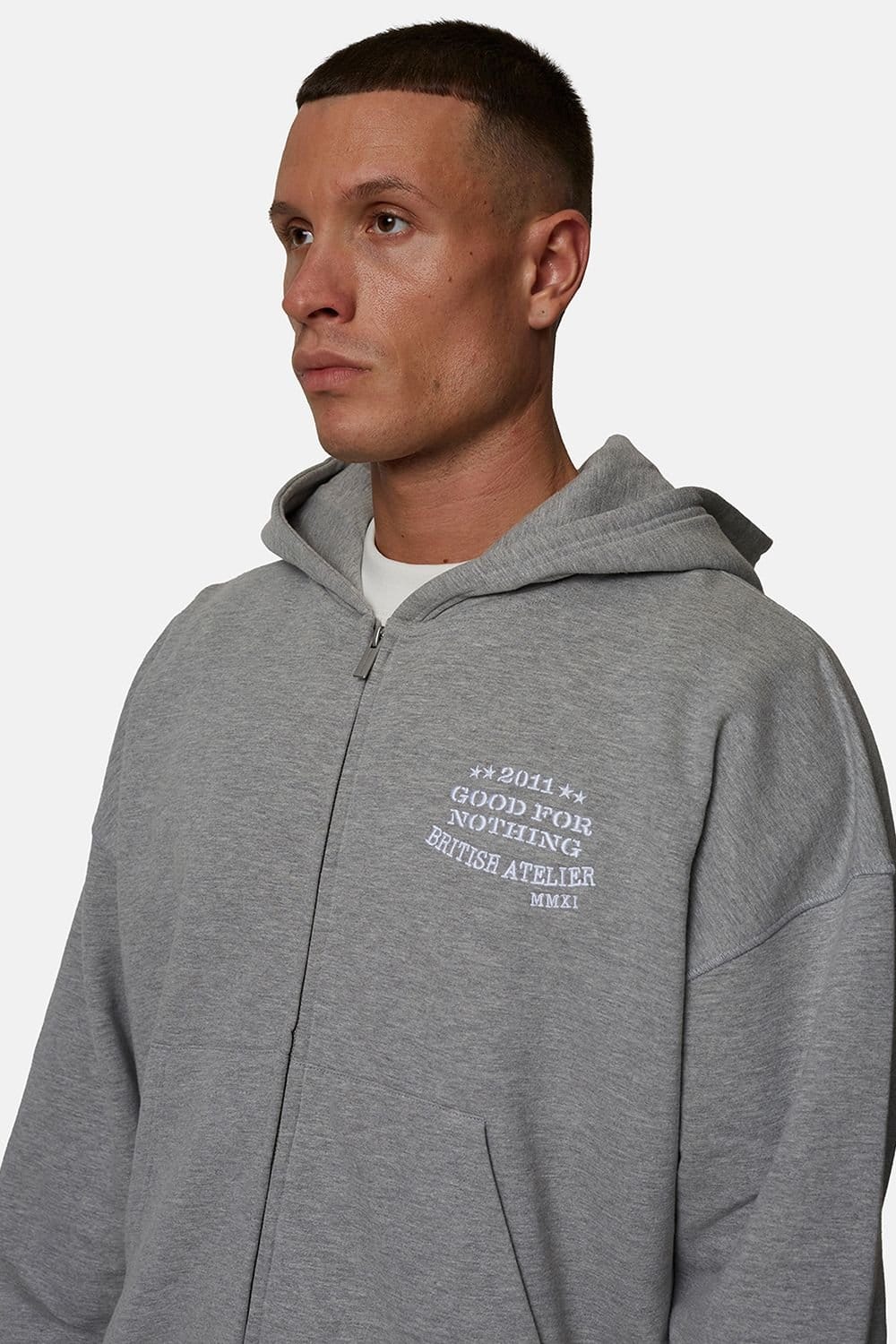 Good For Nothing Good For Nothing Men's Boxy Zip Hoodie with Embroidered Logo in Grey - 4