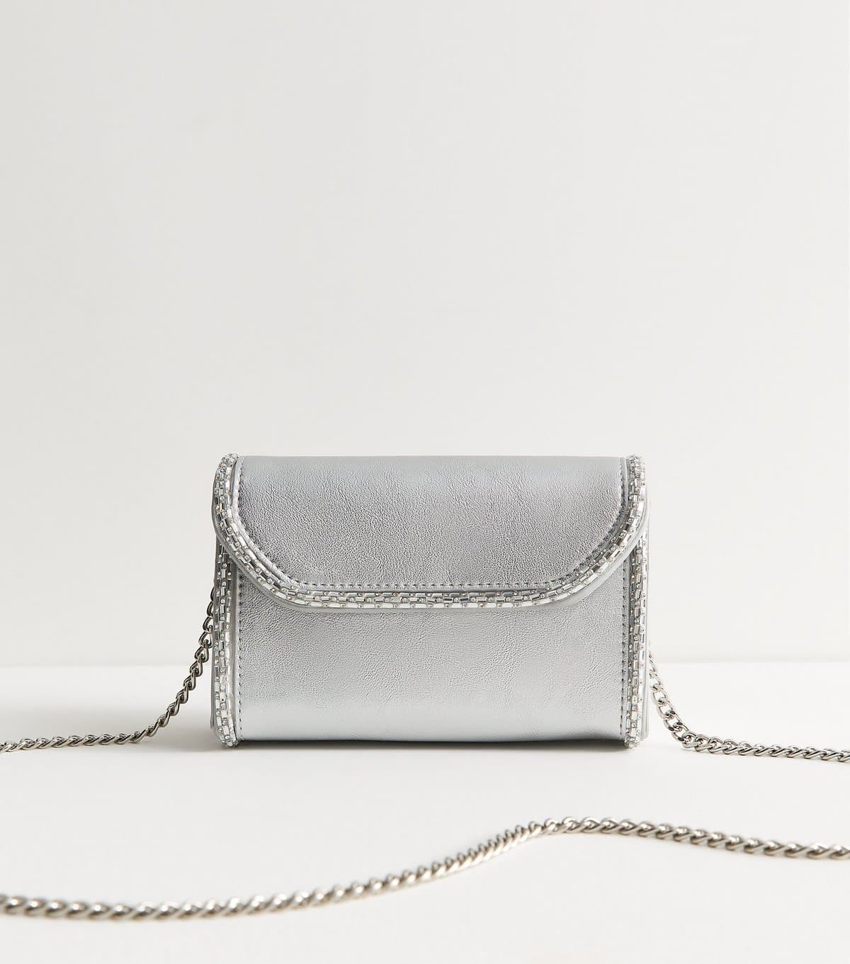 New Look New Look Silver Faux Leather Diamanté Gem Embellished Clutch Bag