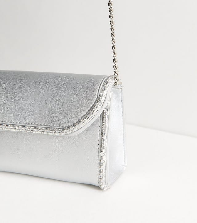 New Look Silver Faux Leather Diamanté Gem Embellished Clutch Bag New Look - 3