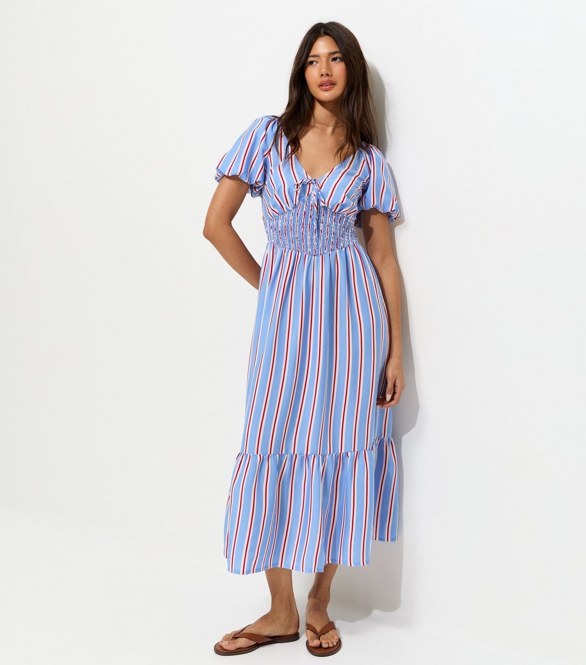 New Look Blue Striped Puff Sleeve Midi Dress
