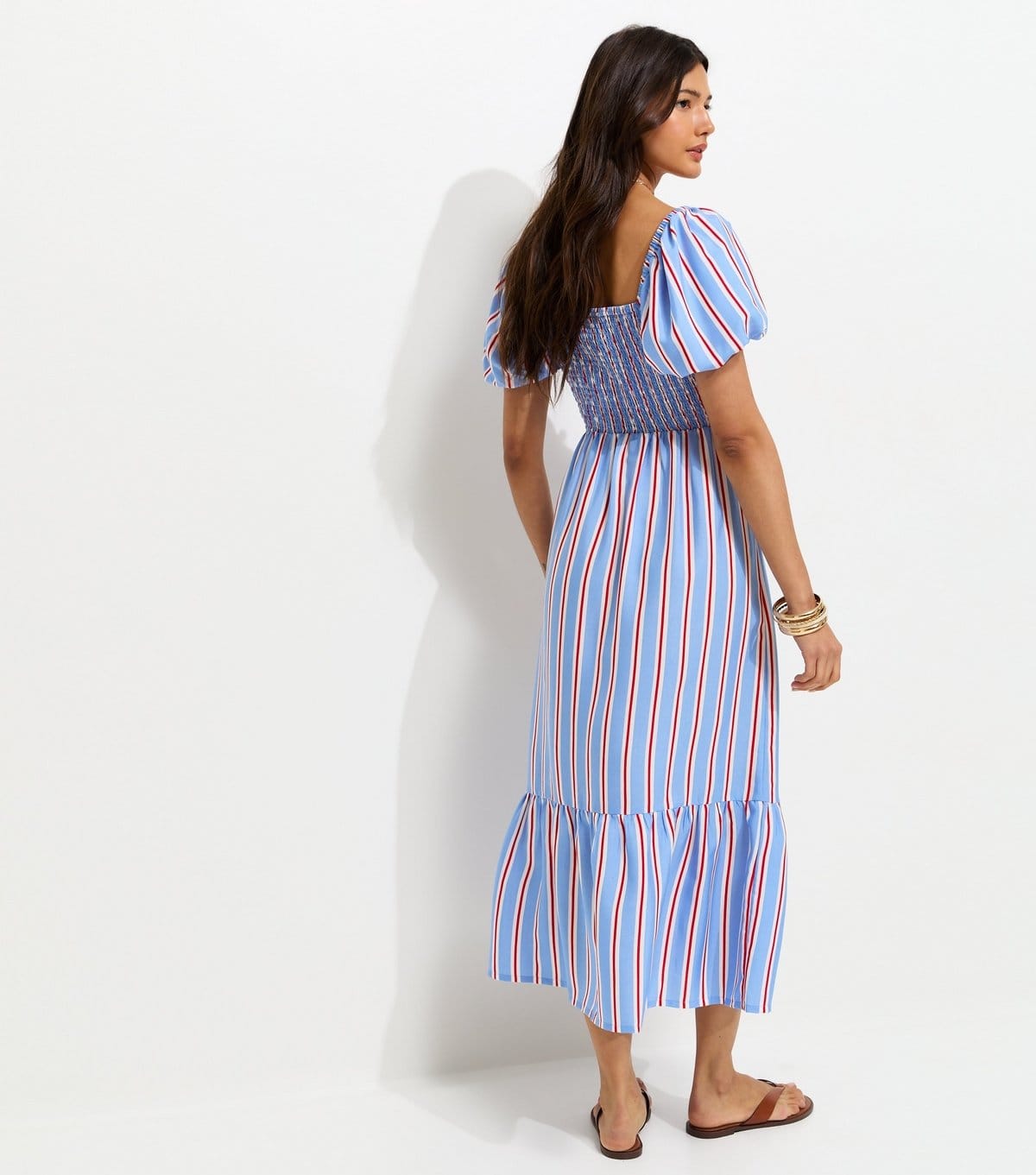 New Look Women's Blue Striped Puff Sleeve Shirred Waist Midi Dress New Look - 4
