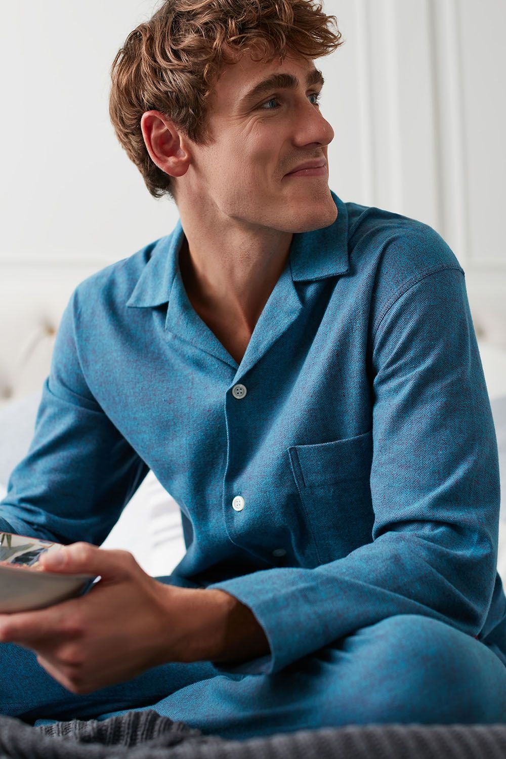 British Boxers British Boxers Men's 'Stornoway' Herringbone Brushed Cotton Pyjama Set in Teal - 4