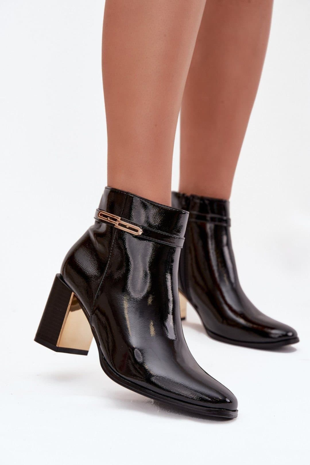 Love Lace Love Lace Women's Patent Ankle Boots with Pillar Heel Insulated Lining Zipper in Black