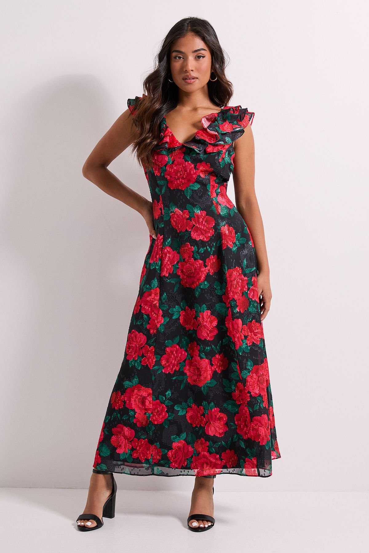 Dorothy Perkins Dorothy Perkins Women's Petite DP Luxe Black Floral Printed Jacquard Chiffon Ruffle Front Sleeveless Midi Dress - 2