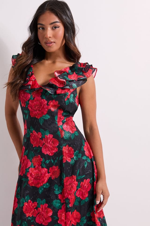 Dorothy Perkins Dorothy Perkins Women's Petite DP Luxe Black Floral Printed Jacquard Chiffon Ruffle Front Sleeveless Midi Dress - 2