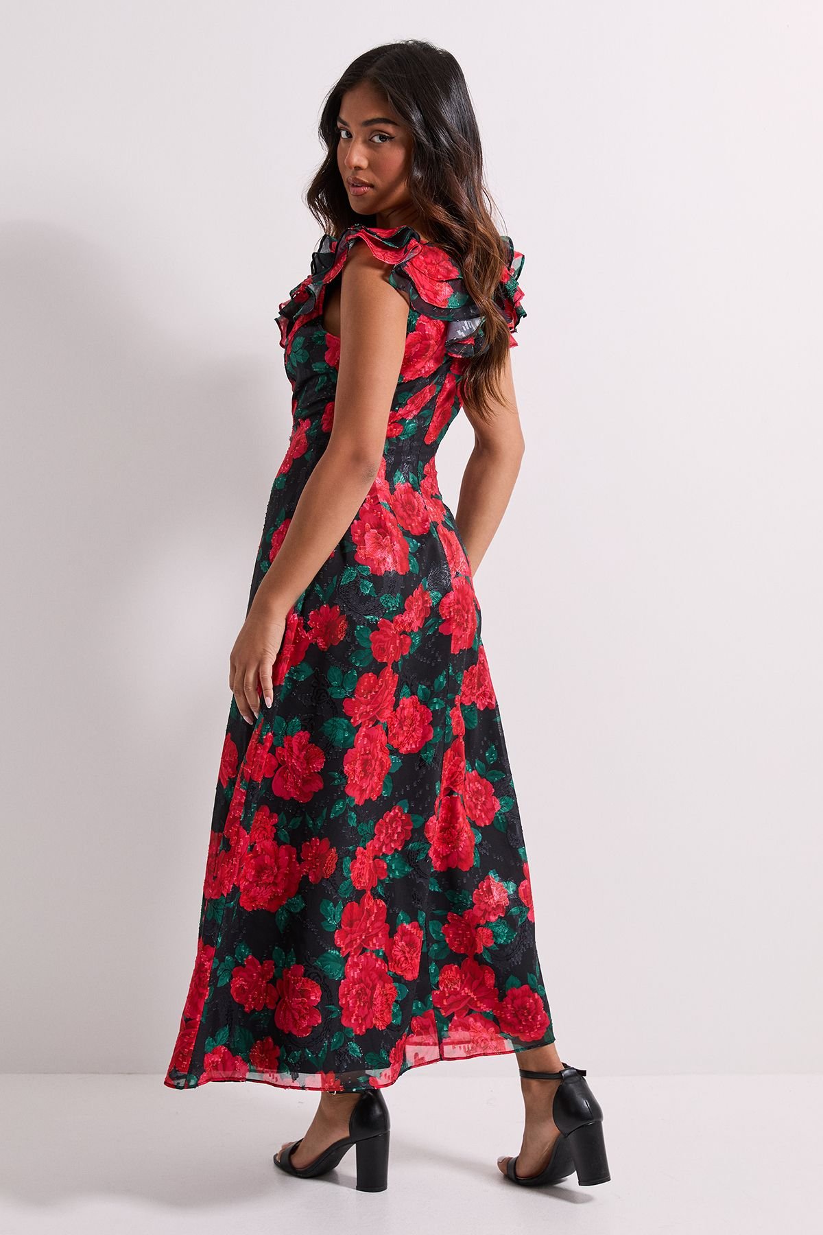 Dorothy Perkins Dorothy Perkins Women's Petite DP Luxe Black Floral Printed Jacquard Chiffon Ruffle Front Sleeveless Midi Dress - 3