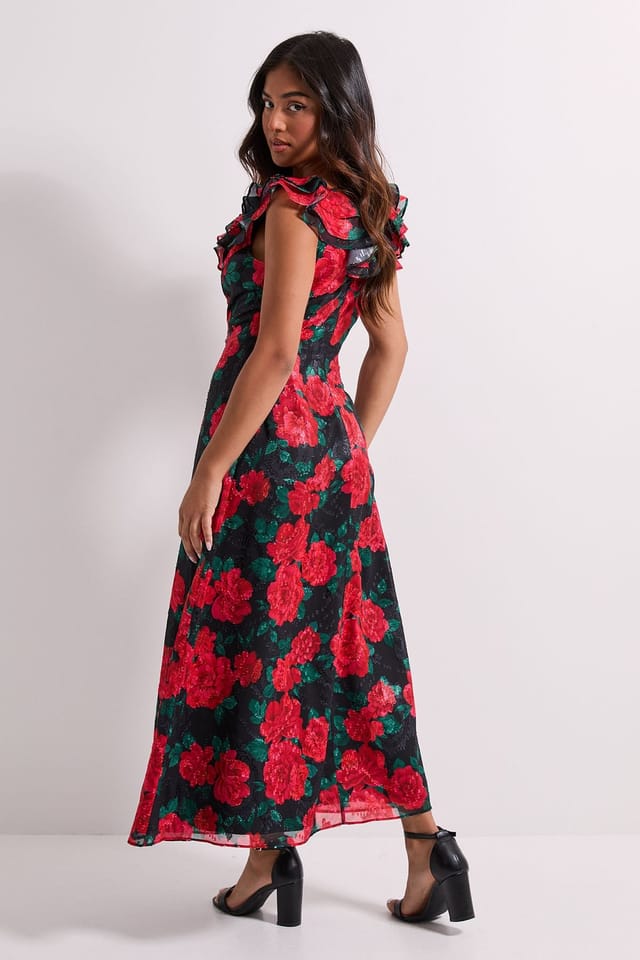 Dorothy Perkins Dorothy Perkins Women's Petite DP Luxe Black Floral Printed Jacquard Chiffon Ruffle Front Sleeveless Midi Dress - 3