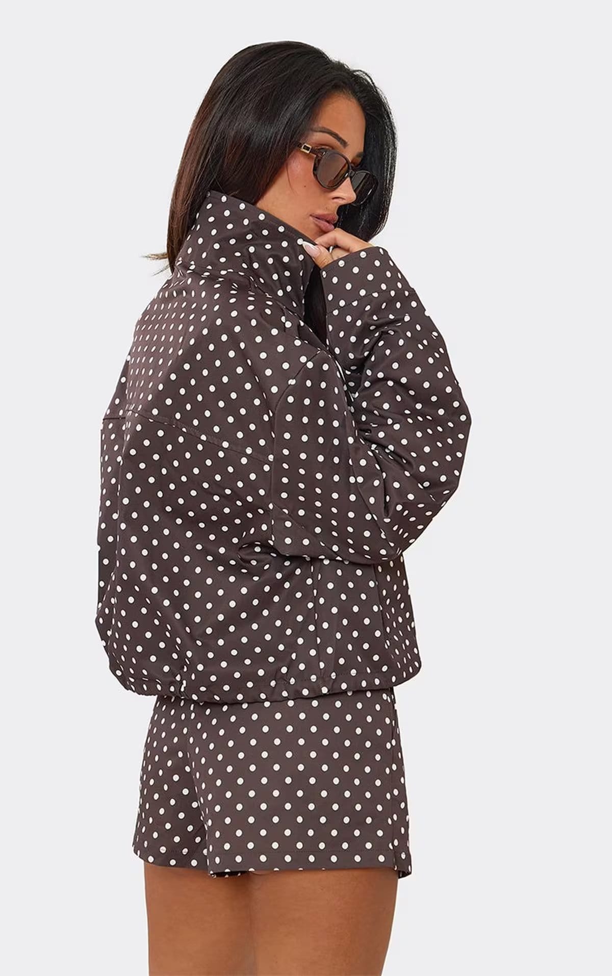EGO Long Sleeve High Neck Tie Hem Detail Jacket And Shorts Co-Ord Set In Brown Polka Dot, Women's Size UK S - 1
