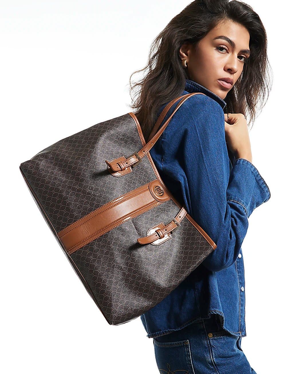 River Island River Island Womens Brown Stripe Panel Monogram Shopper Bag