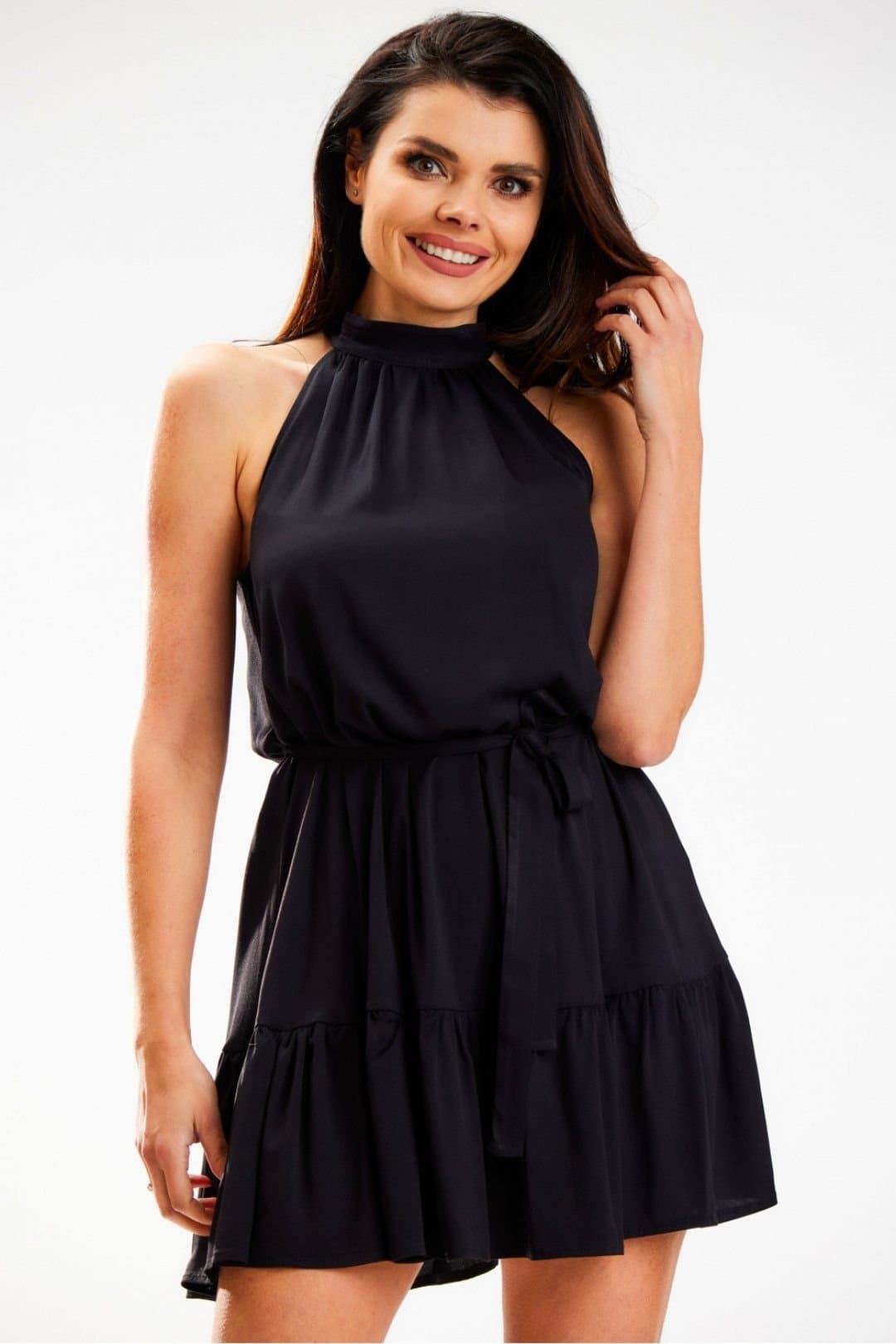 Love Lace Love Lace Women's Loose Flared Dress with Tie Waist Collar in Black