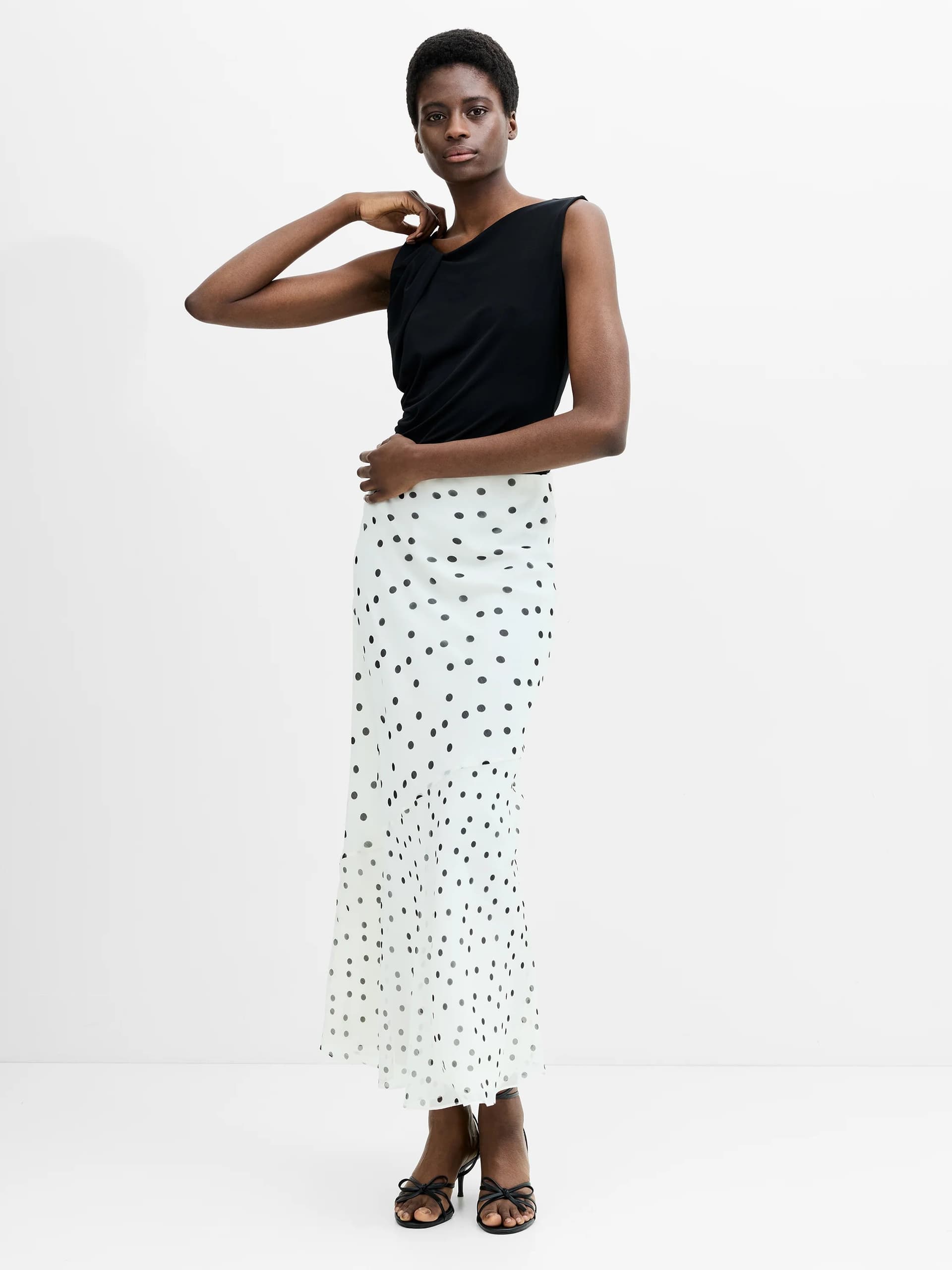 French Connection Emina Chiffon Monochrome Polka Dot Maxi Skirt Porcelain Cream/Black