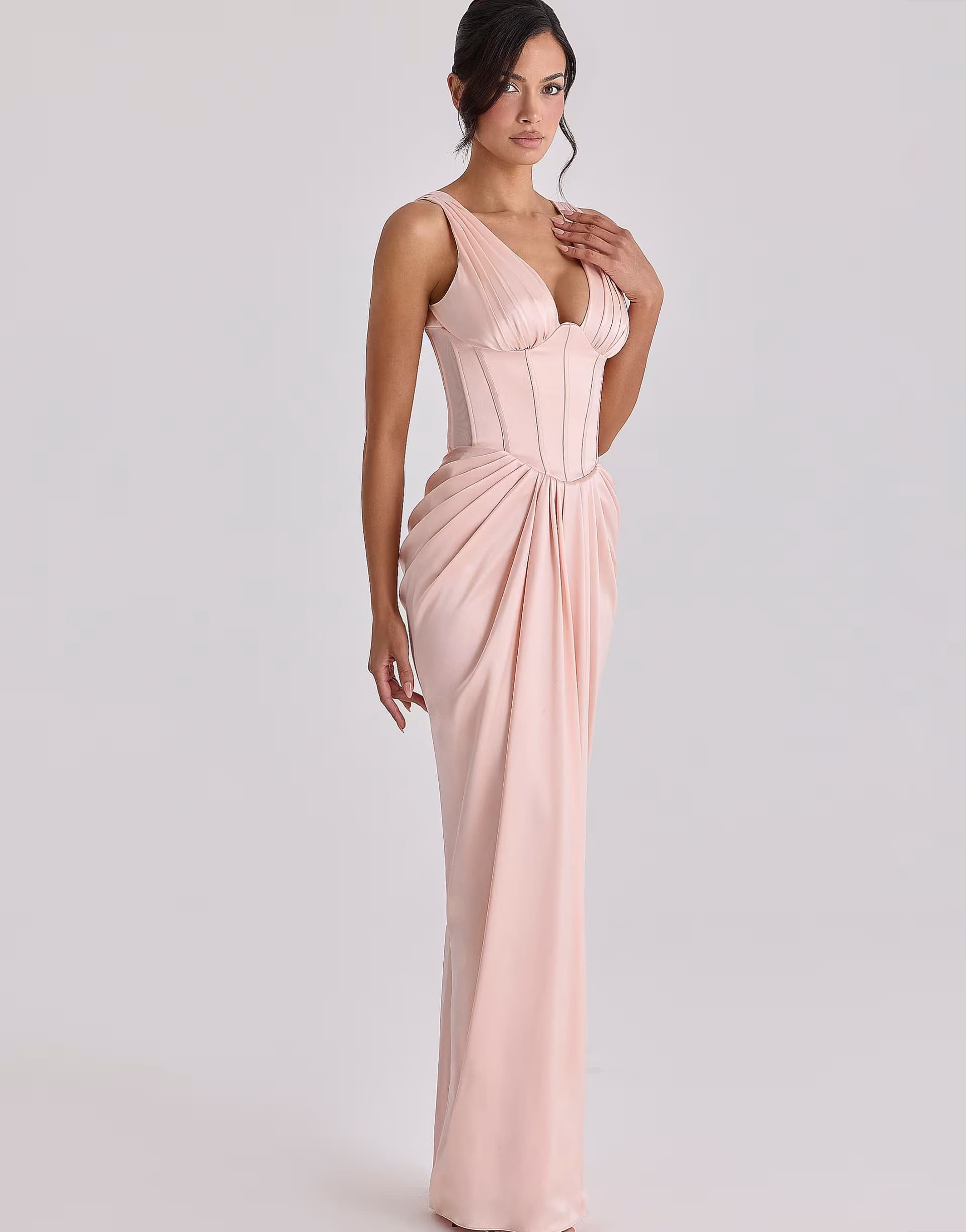 ASOS House of CB Angeline blush satin corset maxi dress in blush