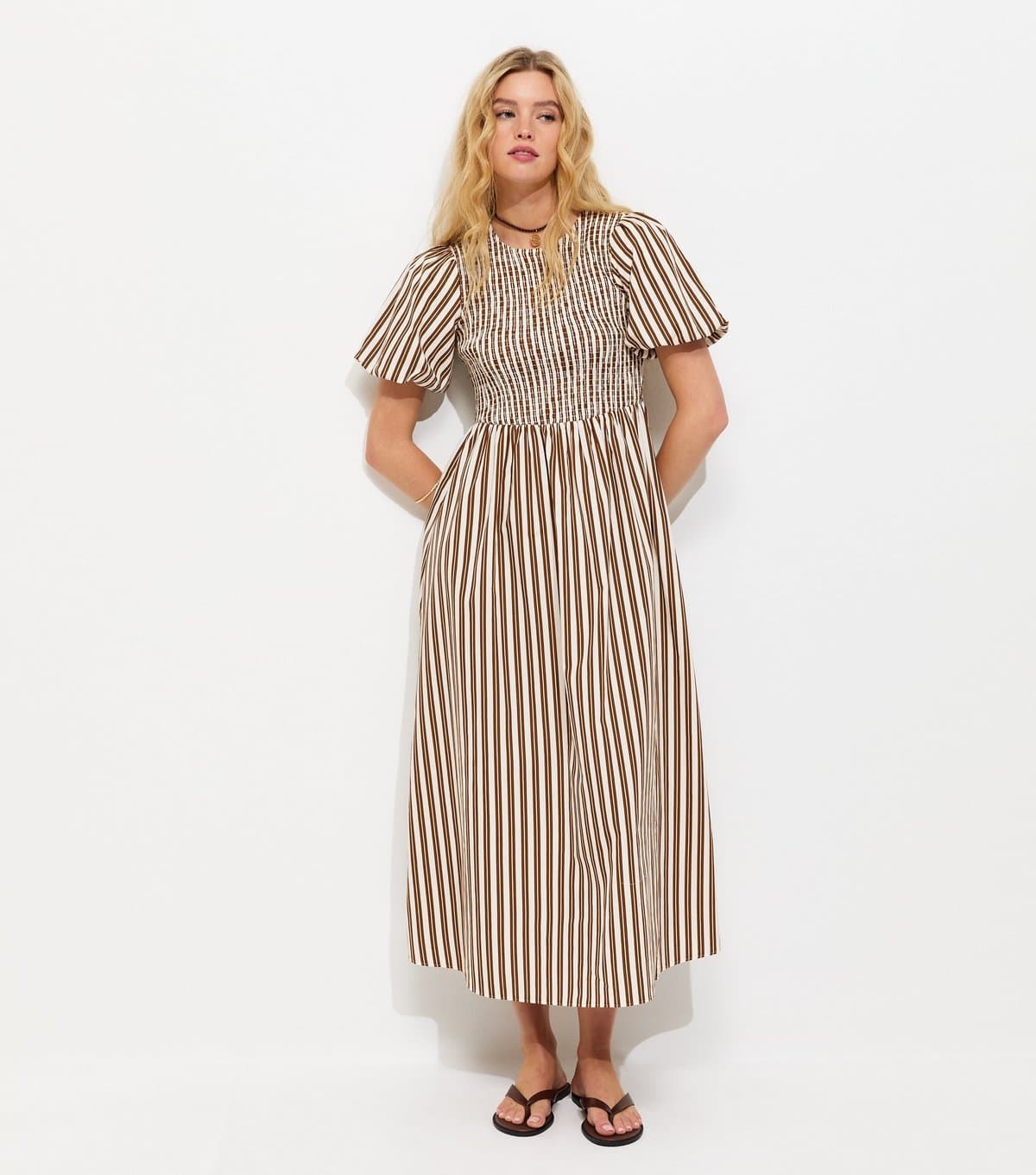 New Look Women's Brown Striped Puff Sleeves Shirred Smock Midi Dress New Look