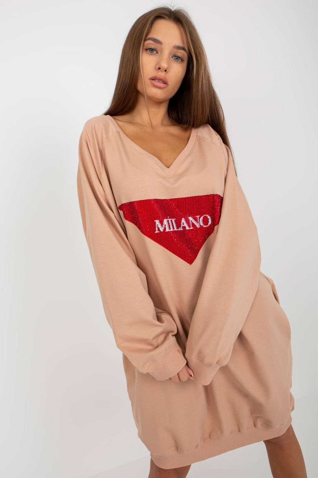 Love Lace Love Lace Women's Long V Neck Studded Print Sweatshirt in Beige