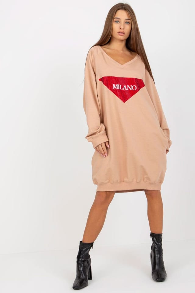 Love Lace Love Lace Women's Long V Neck Studded Print Sweatshirt in Beige - 2
