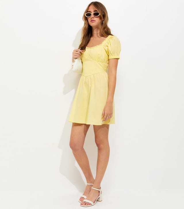 New Look Women's Light Yellow Cotton Lace Trim Corset Waist Milkmaid Mini Dress New Look - 3