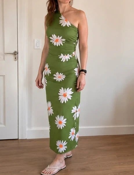 ASOS Design Green Daisy One Shoulder Midi Dress UK 6