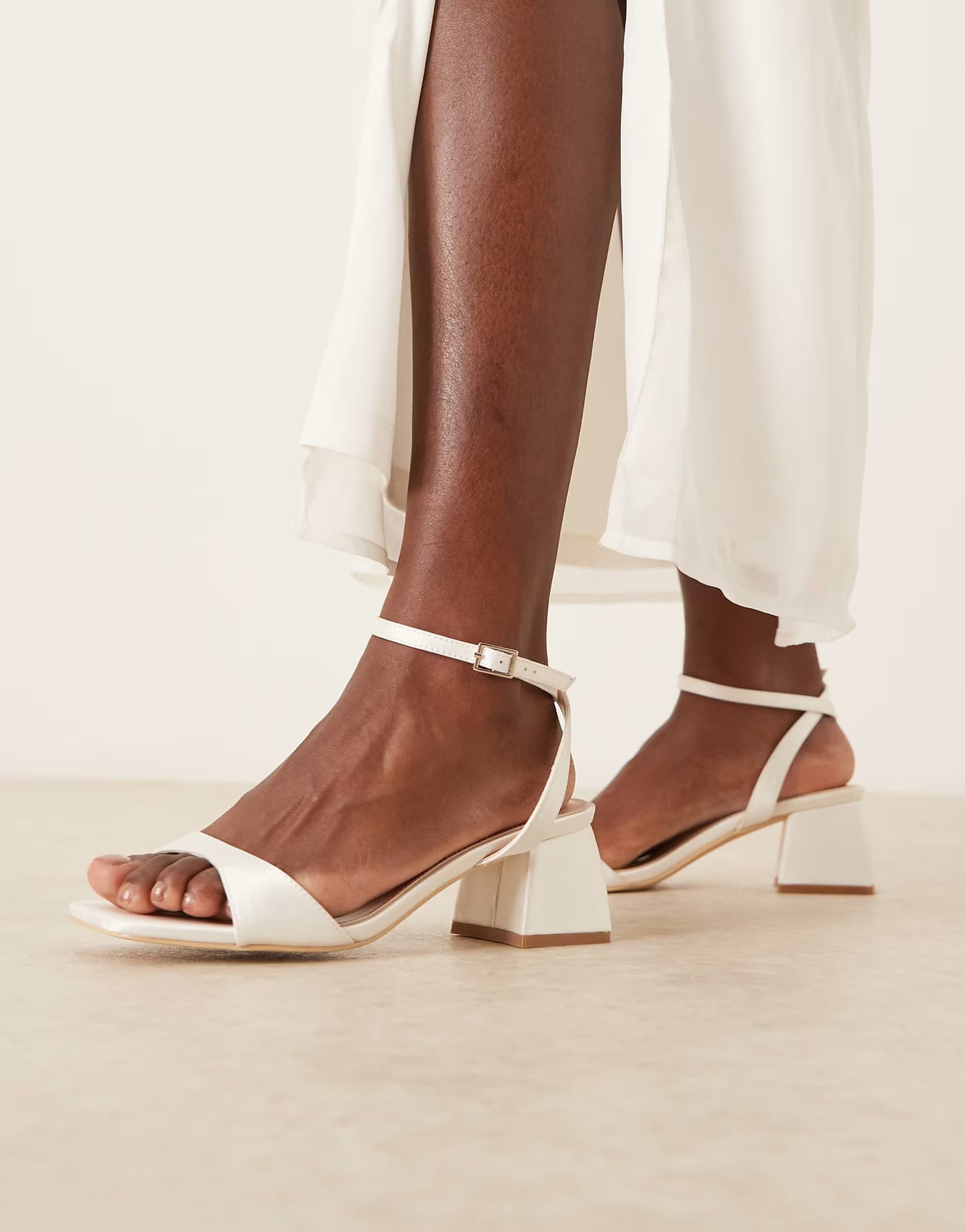 ASOS Be Mine Wide Fit Bridal Ammie low block heeled sandals in ivory satin