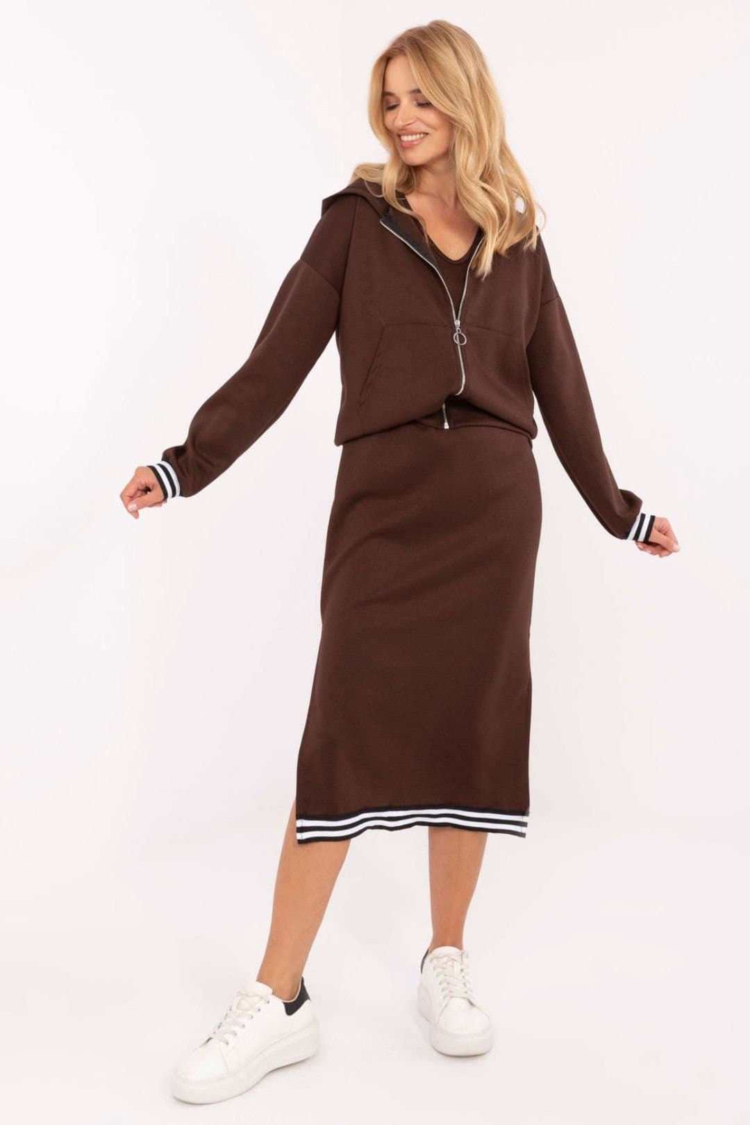 Love Lace Love Lace Women's Casual Hooded Sweatshirt Midi Dress Set in Brown