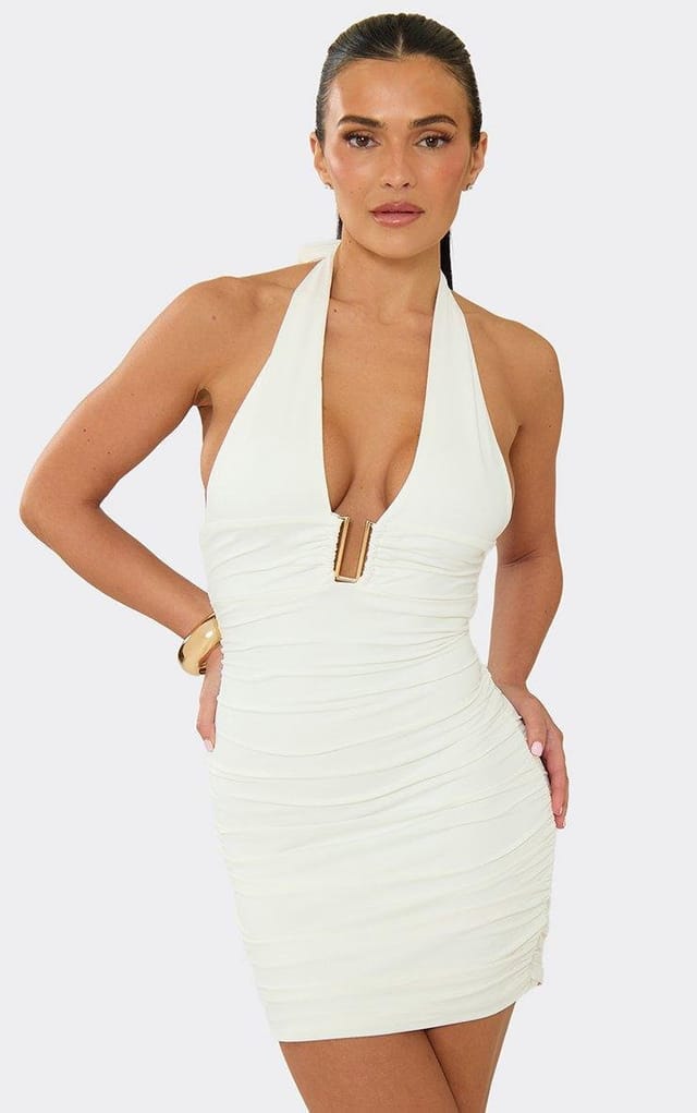 EGO Halterneck Plunge Front Trim Detail Ruched Dress In White, Women's Size UK L - 2