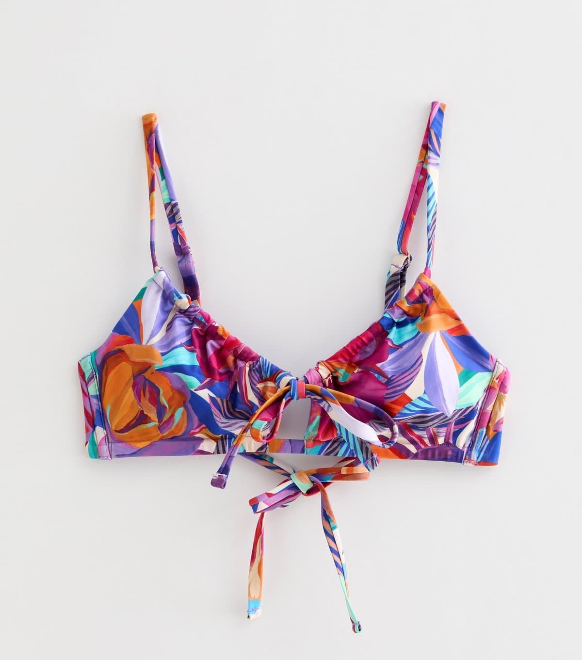 New Look Women's Purple Tropical Leaf Print Tie Crop Bikini Top New Look