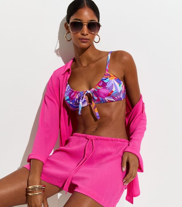 New Look Women's Purple Tropical Leaf Print Tie Crop Bikini Top New Look - 3