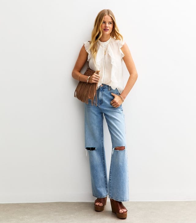 New Look Women's White Crinkled Lace Trim Ruffled Sleeveless Top New Look - 3