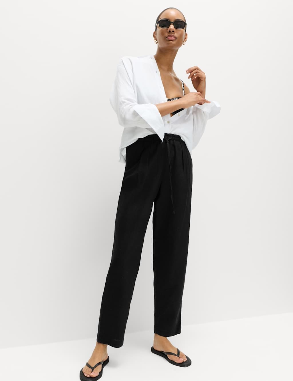 Marks & Spencer M&S Linen Rich Elasticated Waist Tapered Trousers Black