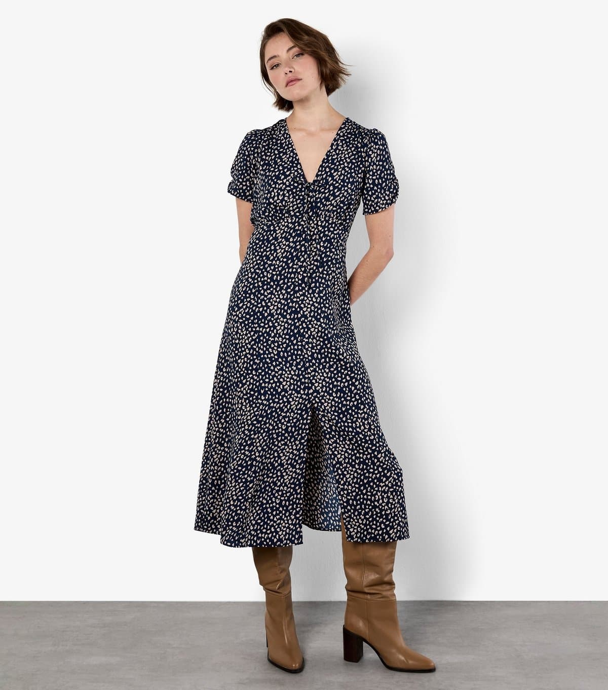 Apricot Women's Navy Tie Front Animal Print Midi Dress Apricot New Look