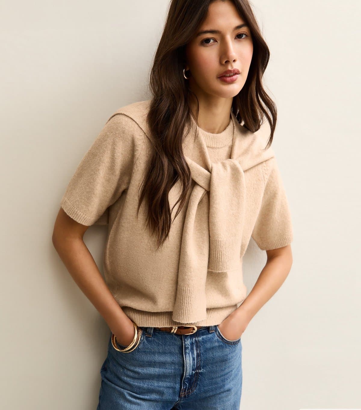 New Look New Look Oatmeal Knit Top with Scarf Tie