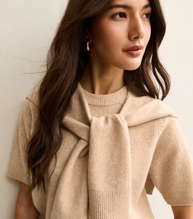 New Look Women's Oatmeal Scarf Tie Short Sleeve Knit Top New Look - 2