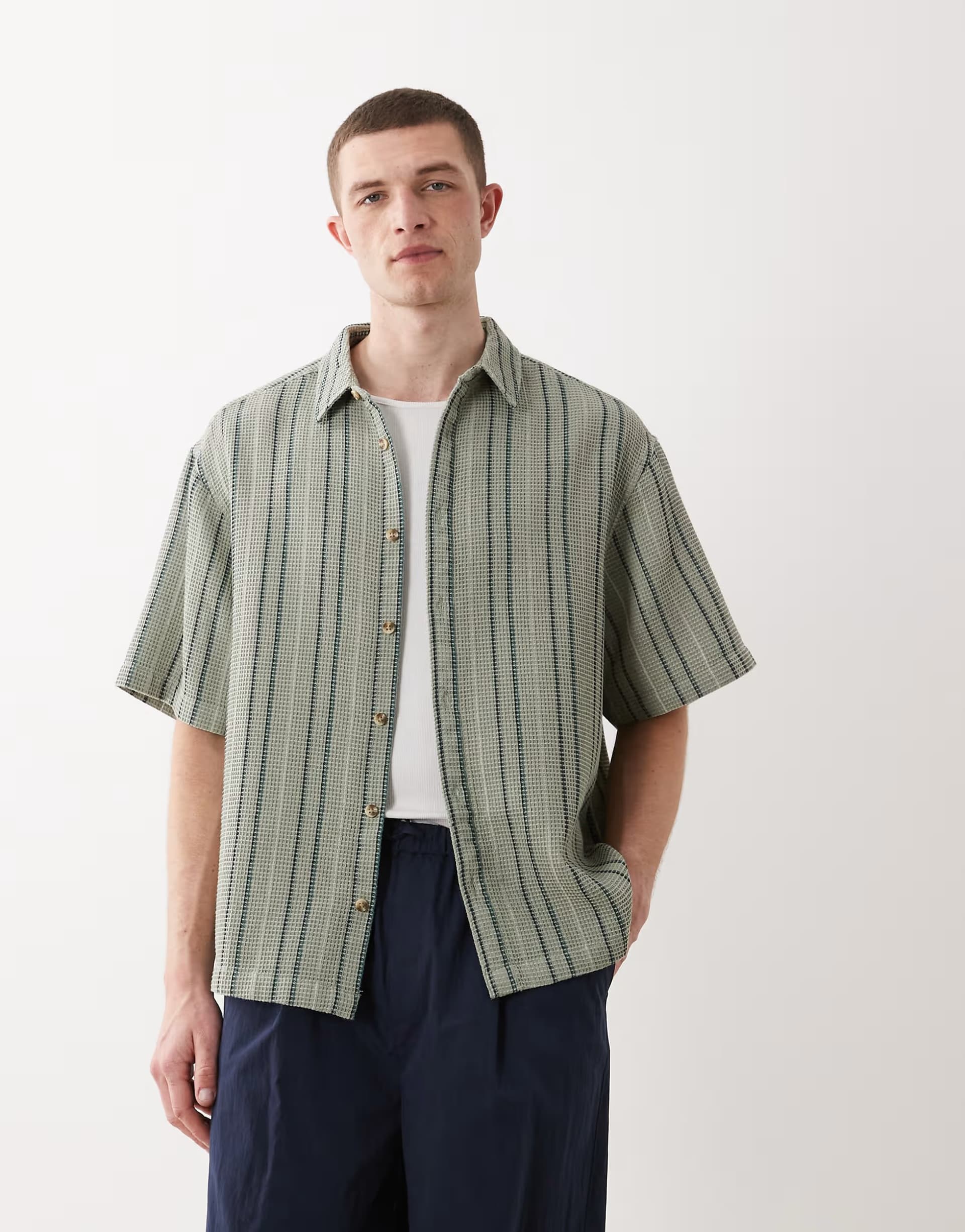 ASOS ASOS DESIGN oversized waffle textured stripe shirt in sage green
