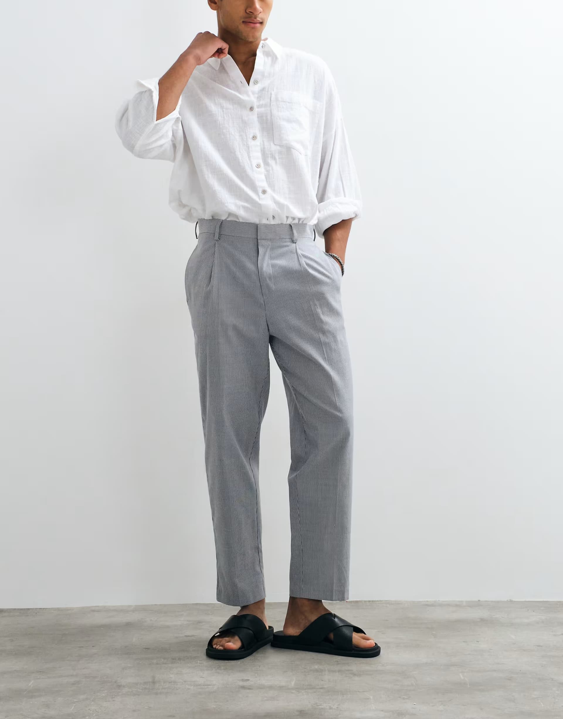 ASOS ASOS DESIGN linen lightweight smart relaxed tapered trousers in blue pinstripe