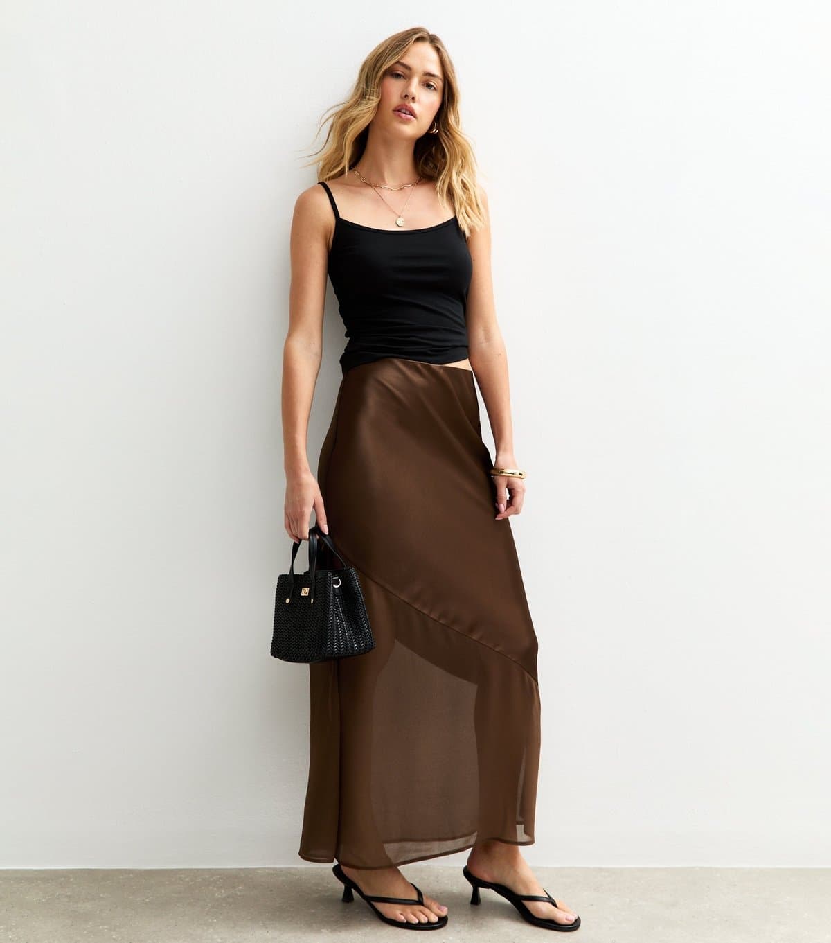 New Look Women's Brown Asymmetric Panelled Satin And Chiffon Midi Skirt New Look