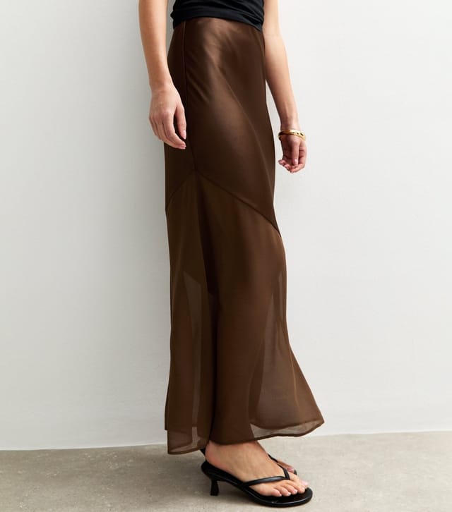 New Look Women's Brown Asymmetric Panelled Satin And Chiffon Midi Skirt New Look - 2