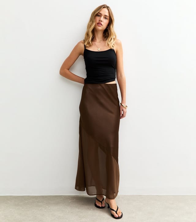 New Look Women's Brown Asymmetric Panelled Satin And Chiffon Midi Skirt New Look - 3