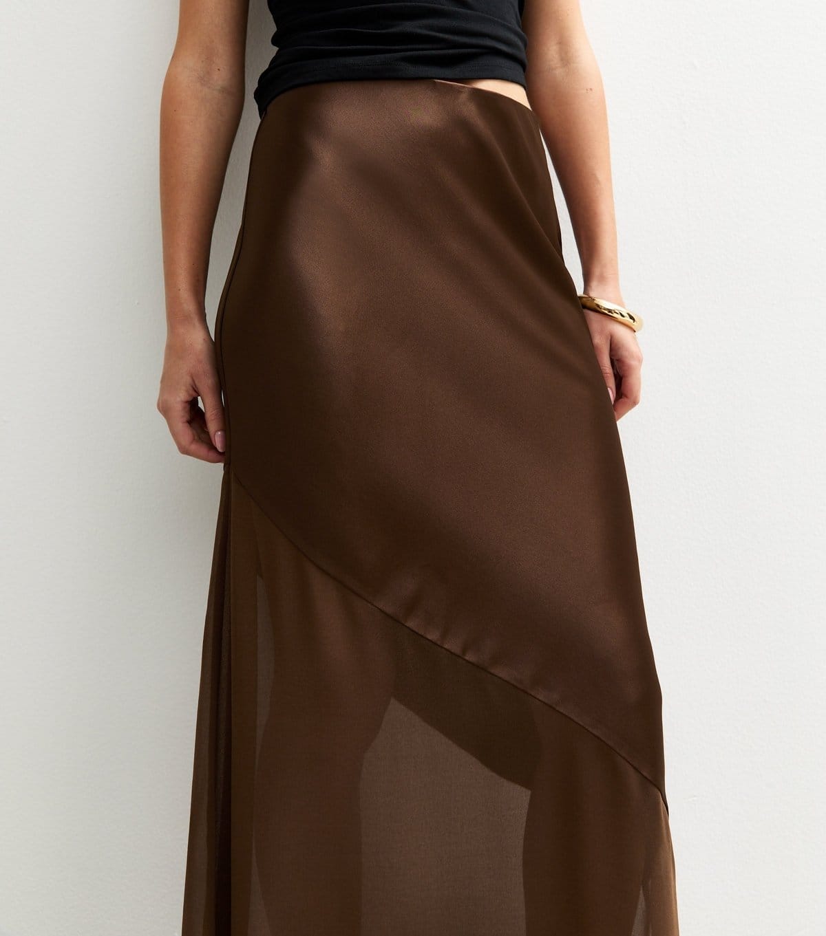 New Look Women's Brown Asymmetric Panelled Satin And Chiffon Midi Skirt New Look - 4