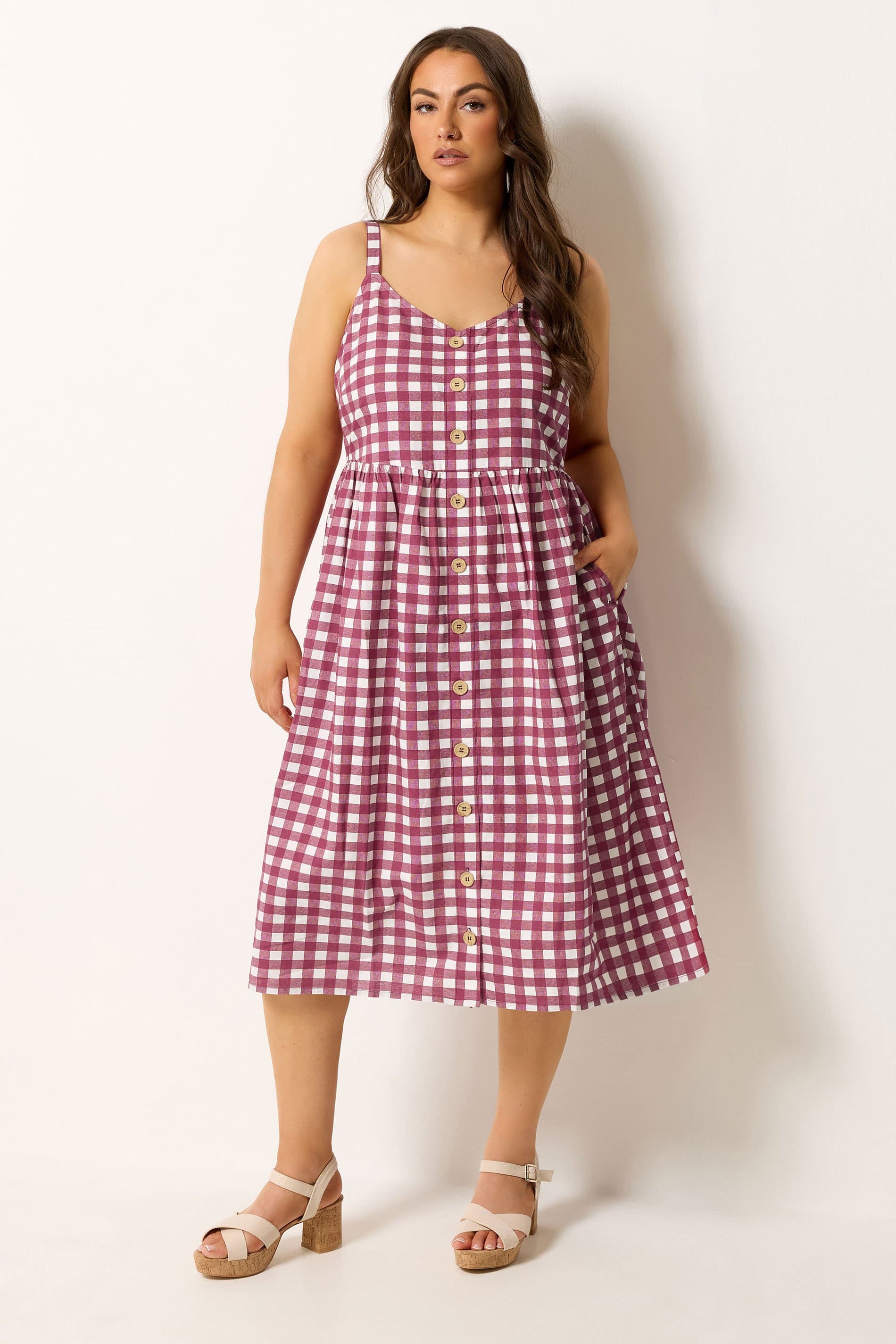 Yours Plus Size Burgundy Red Gingham Linen Dress