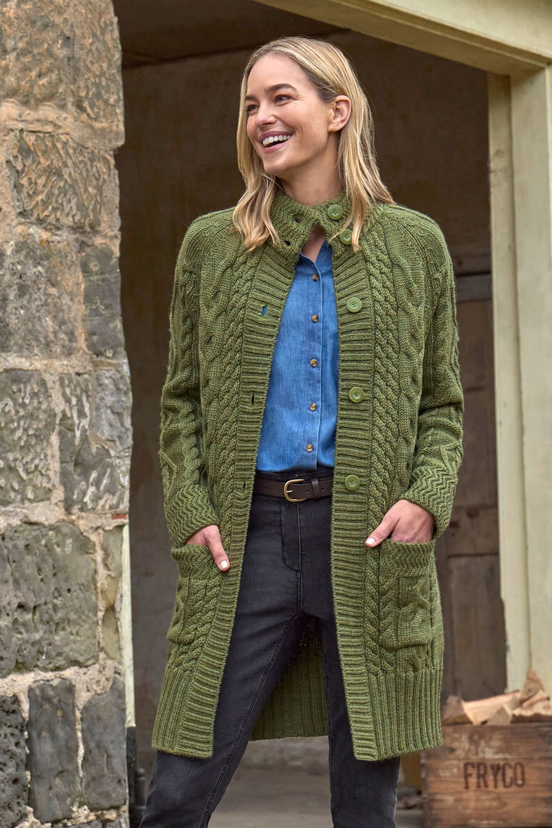 WoolOvers WoolOvers Women's Pure Wool Aran Coatigan in Green