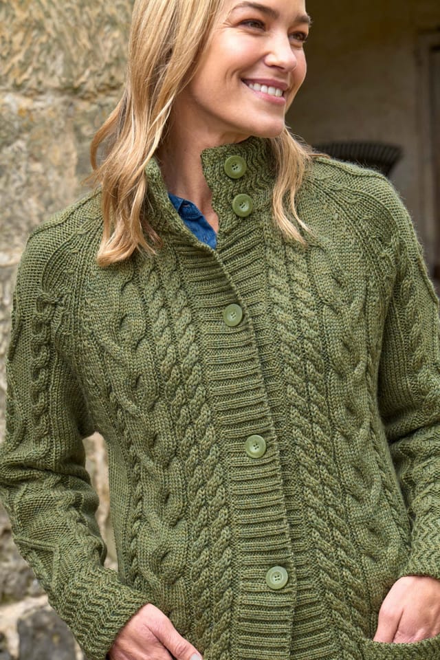 WoolOvers WoolOvers Women's Pure Wool Aran Coatigan in Green - 2