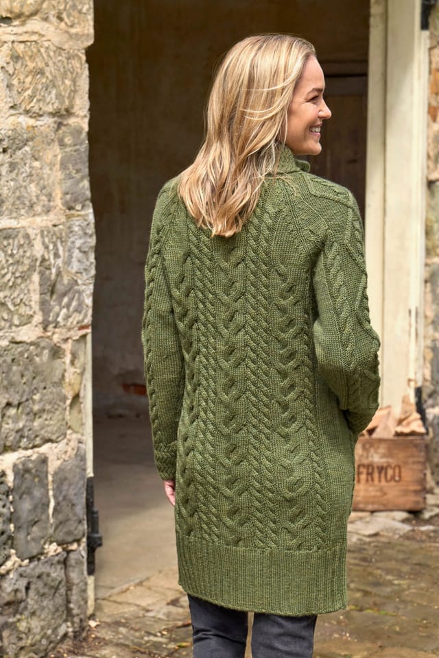 WoolOvers WoolOvers Women's Pure Wool Aran Coatigan in Green - 3