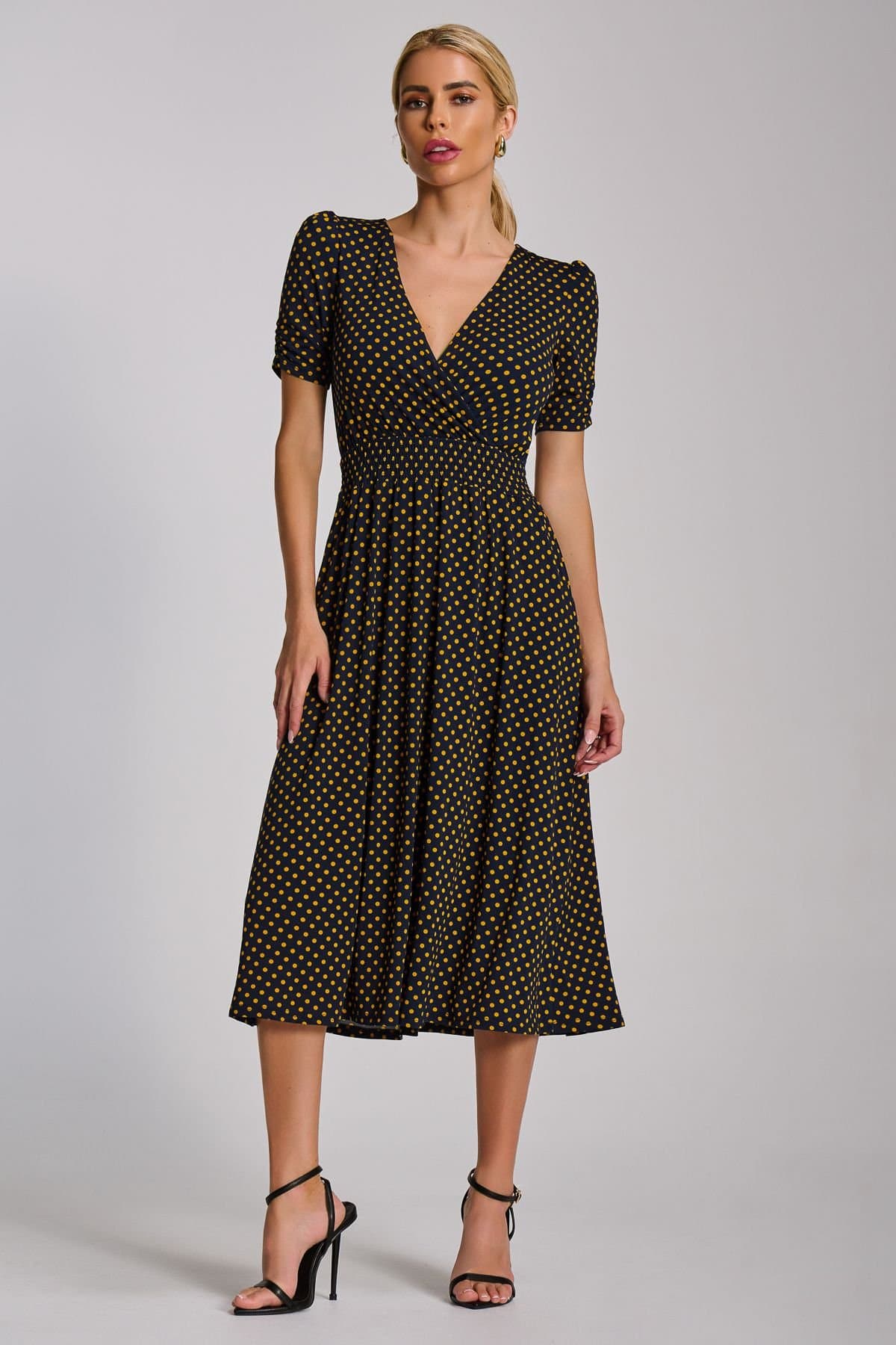 Jolie Moi Jolie Moi Women's Short Sleeve Printed Jersey Midi Dress in Dark Navy